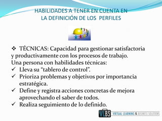 HABILIDADES A TENER EN CUENTA EN
          LA DEFINICIÓN DE LOS PERFILES




 TÉCNICAS: Capacidad para gestionar satisfactoria
y productivamente con los procesos de trabajo.
Una persona con habilidades técnicas:
 Lleva su “tablero de control”.
 Prioriza problemas y objetivos por importancia
   estratégica.
 Define y registra acciones concretas de mejora
   aprovechando el saber de todos.
 Realiza seguimiento de lo definido.
 
