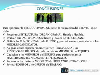 CONCLUSIONES



Para optimizar la PRODUCTIVIDAD durante la realización del PROYECTO, se
debe:
 Poseer una ESTRUCTURA (ORGANIGRAMA), Simple y Flexible.
 Evaluar, qué ACTIVIDADES se hacen y cuáles se TERCERIZAN.
 Definir las FUNCIONES de cada PUESTO y, posteriormente, seleccionar a los
   MEJORES CANDIDATOS.
 Asignar, desde el primer momento (y en forma CLARA), las
   RESPONSABILIDADES de cada uno de los MIEMBROS del EQUIPO.
 Capacitar a los MIEMBROS del EQUIPO, para perfeccionar sus
   HABILIDADES TÉCNICAS e INTERPERSONALES.
 Reconocer los distintos MODELOS de LIDERAZGO SITUACIONAL.
 Formar EQUIPOS y no GRUPOS de TRABAJO.
 