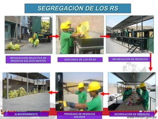 RECOLECCIÓN SELECTIVA DE
RESIDUOS SÓLIDOS INERTES
DESCARGA DE LOS RR.SS SEGREGACIÓN DE RESIDUOS
SEGREGACIÓN DE RESIDUOSPRENSADO DE RESIDUOS
SÓLIDOS
ALMACENAMIENTO
SEGREGACIÓN DE LOS RS
 
