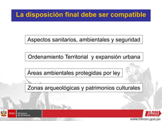 Ordenamiento Territorial y expansión urbana
Áreas ambientales protegidas por ley
Zonas arqueológicas y patrimonios culturales
Aspectos sanitarios, ambientales y seguridad
La disposición final debe ser compatible
 