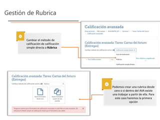 Gestión de Rubrica
Cambiar el método de
calificación de calificación
simple directa a Rúbrica
Podemos crear una rubrica desde
cero o si dentro del AVA existe
una trabajar a partir de ella. Para
este caso haremos la primera
opción
 
