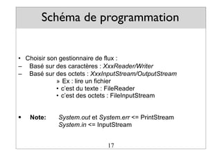 Schéma de programmation
• Choisir son gestionnaire de flux :
– Basé sur des caractères : XxxReader/Writer
– Basé sur des octets : XxxInputStream/OutputStream
» Ex : lire un fichier
• c’est du texte : FileReader
• c’est des octets : FileInputStream
• Note: System.out et System.err <= PrintStream
System.in <= InputStream
17
 