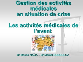 Dr Mounir NAÏJA – Dr Marcel DUBOULOZ
Gestion des activités
médicales
en situation de crise
Les activités médicales de
l’avant
 