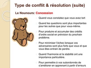 Le Nounours: Concession
 Quand vous constatez que vous avez tort
 Quand les questions sont plus importantes
pour les autres que pour vous-même.
 Pour produire et accumuler des crédits
d’ordre social en prévision du prochain
problème.
 Pour minimiser l’échec lorsque vos
adversaires sont plus forts que vous et que
vous êtes entrain de perdre.
 Quand l’harmonie et la stabilité ont une
importance particulière.
 Pour permettre à vos subordonnés de
s’améliorer en apprenant à partir d’erreurs
Type de conflit & résolution (suite)
 