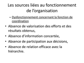 – Dysfonctionnement concernant la fonction de
coordination
• Absence de valorisation des efforts et des
résultats obtenus,
• Absence d’information concertée,
• Absence de participation aux décisions,
• Absence de relation efficace avec la
hiérarchie.
Les sources liées au fonctionnement
de l’organisation
 