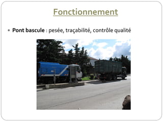 Fonctionnement
 Pont bascule : pesée, traçabilité, contrôle qualité
 
