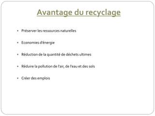 Avantage du recyclage
 Préserver les ressources naturelles
 Economies d’énergie
 Réduction de la quantité de déchets ultimes
 Réduire la pollution de l’air, de l’eau et des sols
 Créer des emplois
 