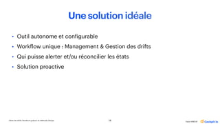 Gérer les drifts Terraform grâce à la méthode GitOps
Katia HIMEUR
Une solution idéale
• Outil autonome et con
f
igurable
• Work
f
low unique : Management & Gestion des drifts
• Qui puisse alerter et/ou réconcilier les états
• Solution proactive
14
 