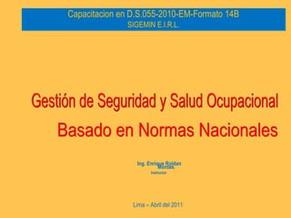 Capacitacion en D.S.055-2010-EM-Formato 14B
              SIGEMIN E.I.R.L.




                 Ing. Enrique Roldan
                           Montes.
                       Instructor




                Lima – Abril del 2011
 