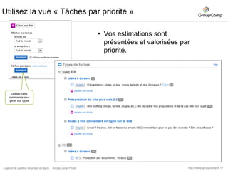 18Gestion des idées en mode projet, collecte des retours clients.Processus de gestion des idéesNoter et rangerles idées : création d’un projet exempleCollaborez et organisez : Enrichir les idées.Valoriseret prioriservos idéesMise en œuvre les idées : des idées au projetGroupCamp Projethttp://www.groupcamp.frLogiciel de gestion de projet en ligne  - GroupCamp Projet