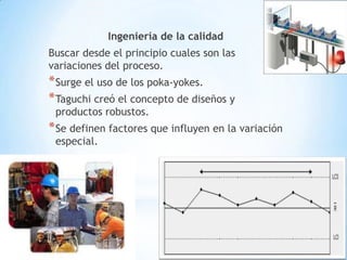 12
Ingeniería de la calidad
Buscar desde el principio cuales son las
variaciones del proceso.
*Surge el uso de los poka-yokes.
*Taguchi creó el concepto de diseños y
productos robustos.
*Se definen factores que influyen en la variación
especial.
 
