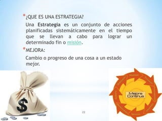 22
*
*¿QUE ES UNA ESTRATEGIA?
Una Estrategia es un conjunto de acciones
planificadas sistemáticamente en el tiempo
que se llevan a cabo para lograr un
determinado fin o misión.
*MEJORA:
Cambio o progreso de una cosa a un estado
mejor.
 