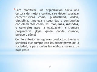 24
*Para modificar una organización hacia una
cultura de mejora continua se deben subrayar
características como: puntualidad, orden,
disciplina, limpieza y seguridad y conjugarlas
con elementos como las: máquinas, métodos,
y controles para la evaluación. Y siempre
preguntarse: ¿Qué, quién, dónde, cuando,
porque y cómo?
Con lo anterior se lograran productos, bienes o
servicios que cumpla con las expectativas de la
sociedad, y para quien las elabora serán a un
bajo costo
 