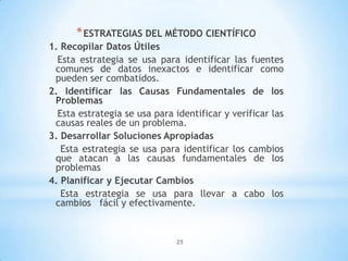25
*ESTRATEGIAS DEL MÉTODO CIENTÍFICO
1. Recopilar Datos Útiles
Esta estrategia se usa para identificar las fuentes
comunes de datos inexactos e identificar como
pueden ser combatidos.
2. Identificar las Causas Fundamentales de los
Problemas
Esta estrategia se usa para identificar y verificar las
causas reales de un problema.
3. Desarrollar Soluciones Apropiadas
Esta estrategia se usa para identificar los cambios
que atacan a las causas fundamentales de los
problemas
4. Planificar y Ejecutar Cambios
Esta estrategia se usa para llevar a cabo los
cambios fácil y efectivamente.
 