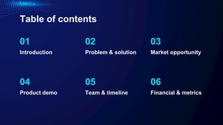 Table of contents
01
04
02
05
03
06
Introduction Problem & solution Market opportunity
Product demo Team & timeline Financial & metrics
 