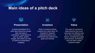 Main ideas of a pitch deck
Presentation Investors
A great presentation for a
pitch deck should be concise,
clear and easy to
understand. Visual elements
such as charts, graphs,
images, and videos can help
to make the presentation
engaging
When it comes to picking
investors for a pitch deck, it's
important to research
potential investors and
understand their preferences,
goals and interests
The value of a product is
determined by how much
customers are willing to pay
for it. It's a combination of
factors, including the quality
of the product, its features,
and how well it meets
customer needs
Value
 