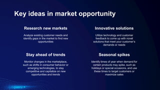 Stay ahead of trends
Key ideas in market opportunity
Analyze existing customer needs and
identify gaps in the market to find new
opportunities
Utilize technology and customer
feedback to come up with novel
solutions that meet your customer’s
demands or needs
Monitor changes in the marketplace,
such as shifts in consumer behavior or
emerging technologies, to stay
competitive and capitalize on new
opportunities and trends
Identify times of year when demand for
certain products may spike, such as
holidays or special occasions, and use
these times to target customers or
maximize sales
Research new markets Innovative solutions
Seasonal spikes
 