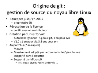 Origine de git :
gestion de source du noyau libre Linux
• BitKeeper jusqu’en 2005
   – propriétaire (!)
• Révocation de la licence
   – conflit avec un contributeur
• Création par Linus Torvald
   – Auto hébergement : 5 j pour git, 1 an pour svn
   – V1.0 : 1 an pour git, 3,5 ans pour svn
• Aujourd’hui (7 ans après)
   – Mature
   – Massivement adopté par la communauté Open Source
   – Supporté dans l’industrie
   – Supporté par Microsoft
       • TFS, Visual Studio, Azure, CodePlex, …
 