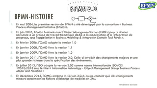 BPMN-HISTOIRE
1. En mai 2004, la première version de BPMN a été développé par la consortium « Business
Process Management Initiative (BPMI) ».
2. En juin 2005, BPMI a fusionné avec l'Object Management Group (OMG) pour y donner
naissance à un groupe de travail thématique dédié à la modélisation et à l'intégration de
processus, sous l’appellation « Business Modeling & Integration Domain Task Force ».
3. En février 2006, l'OMG adopte la version 1.0
4. En janvier 2008, l'OMG livre la version 1.1
5. En janvier 2009, l'OMG livre la version 1.2
6. En janvier 2011, l'OMG livre la version 2.0. Celle-ci introduit des changements majeurs et une
plus grande richesse dans la spécification des événements.
7. En juillet 2013, l'ISO adopte la version 2.02 comme norme internationale ISO/CEI
19510:2013 sous le titre « Information technology - Object Management Group Business Process
Model and Notation »
8. En décembre 2013, l'OMG entérine la version 2.0.2, qui ne contient que des changements
mineurs concernant les fichiers d'échange de modèles en XML
PROF Y.BOUKOUCHI - ENSA D'AGADIR
 