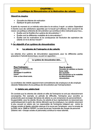 CHAPITRE 2 :
La politique de Rémunération et la Motivation des salariés
Objectif du chapitre
 Connaître les théories de motivation
 Expliquer les gains escomptés
A partir du moment où un individu entre dans la vie active, il reçoit un salaire. Cependant
il cherche aussi des satisfactions apportées par le travail qu’il effectue. Ainsi convient-il de
mener une politique cohérente de rémunération qui contribue à être motivante pour tous…
 Quelles sont les finalités d’un système de rémunération ?
 Quelles sont les différentes modalités de la rémunération ?
 Quelles sont les motivations et les conséquences de l’évolution des aspirations des
salariés vis-à-vis de leur travail ?

I- les objectifs d’un système de rémunération
2- Les attentes de l’entreprise et des salariés
Les attentes d’un système de rémunération apparaissent, pour les différentes parties
prenantes à l’activité économique, souvent en opposition :
La conciliation des intérêts apparemment contradictoires des employeurs et des employés
nécessite l’élaboration d’une politique de rémunération par l’entreprise/doc1/.
2- Salaire net, salaire brut
On constate que les attentes des salariés et celles de l’entreprise ne sont pas nécessairement
convergentes. Par exemple, en période de difficultés, l’entreprise pour accroître sa
productivité, peut envisager des baisses de salaires ou une compression du personnel/doc2/.
Insupportables pour les salariés. De plus, les salariés et leurs représentants ne raisonnant pas
systématiquement à partir des mêmes éléments que les employeurs. Les salariés raisonnant
le plus souvent en salaire net. Les responsables de l’entreprise intègrent par contre les
charges sociales et légales salariales retenues à la source par l’employeur pour le compte de
la CNSS, de la CIMR et l’OFPPT. Le total formé par l’ensemble des charges de personnel
(Salaires nets + charges sociales et patronales) constitue la masse salariale.
Le système de rémunération doit…
Pour l’entreprise :
Favoriser la motivation des
salariés
Développer la qualité du
travail
Créer un bon climat social.
Pour le salarié :
Permettre de satisfaire ses besoins
Rester stable
Etre équitable
Etre transparent sur les modalités
de détermination des
rémunérations
 