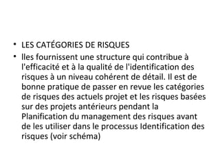 • LES CATÉGORIES DE RISQUES
• lles fournissent une structure qui contribue à
l'efficacité et à la qualité de l'identification des
risques à un niveau cohérent de détail. Il est de
bonne pratique de passer en revue les catégories
de risques des actuels projet et les risques basées
sur des projets antérieurs pendant la
Planification du management des risques avant
de les utiliser dans le processus Identification des
risques (voir schéma)
 