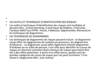 •
• LES OUTILS ET TECHNIQUES D’IDENTIFICATION DES RISQUES
• Les outils et techniques d’identification des risques sont multiples et
peuvent être : le brainstorming, la technique de Delphes, l’interview,
l’analyse SWOT (ou FFPM : Forces, Faiblesses, Opportunités, Menaces) et
les techniques de diagrammes
• LES TECHNIQUES DE DIAGRAMMES
• Les techniques de diagrammes de risques peuvent inclure : le diagramme
cause-effet, les logigrammes de système ou processus, les diagrammes
d'influence… Le diagramme cause-effet: Également nommé diagramme
d’Ishikawa ou en arête de poisson, il est utile pour identifier les causes de
risques en illustrant comment divers facteurs de risques pourraient être
liés à des effets potentiels. A partir d’un effet connu, quelles sont les
grandes catégories de causes de risque que l’on peut incriminer ? Il en
existe 6 «diagramme 6M» (voir shéma)
 