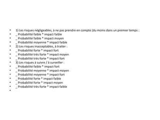 • 1) Les risques négligeables, à ne pas prendre en compte (du moins dans un premier temps :
• _ Probabilité faible * impact faible
• _ Probabilité faible * impact moyen
• _ Probabilité moyenne * impact faible
• 2) Les risques inacceptables, à traiter :
• _ Probabilité forte * impact fort
• _ Probabilité très forte * impact moyen
• _ Probabilité très forte * impact fort
• 3) Les risques à suivre / à surveiller :
• _ Probabilité faible * impact fort
• _ Probabilité moyenne * impact moyen
• _ Probabilité moyenne * impact fort
• _ Probabilité forte * impact faible
• _ Probabilité forte * impact moyen
• _ Probabilité très forte * impact faible
•  
 