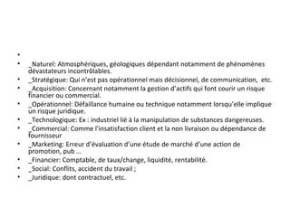 •
• _Naturel: Atmosphériques, géologiques dépendant notamment de phénomènes
dévastateurs incontrôlables.
• _Stratégique: Qui n’est pas opérationnel mais décisionnel, de communication, etc.
• _Acquisition: Concernant notamment la gestion d’actifs qui font courir un risque
financier ou commercial.
• _Opérationnel: Défaillance humaine ou technique notamment lorsqu’elle implique
un risque juridique.
• _Technologique: Ex : industriel lié à la manipulation de substances dangereuses.
• _Commercial: Comme l’insatisfaction client et la non livraison ou dépendance de
fournisseur
• _Marketing: Erreur d’évaluation d’une étude de marché d’une action de
promotion, pub …
• _Financier: Comptable, de taux/change, liquidité, rentabilité.
• _Social: Conflits, accident du travail ;
• _Juridique: dont contractuel, etc.
 