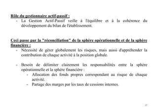 17
Rôle du gestionnaire actif-passif :
- La Gestion Actif-Passif veille à l'équilibre et à la cohérence du
développement du bilan de l'établissement.
Ceci passe par la "réconciliation" de la sphère opérationnelle et de la sphère
financière :
- Nécessité de gérer globalement les risques, mais aussi d'appréhender la
contribution de chaque activité à la position globale.
- Besoin de délimiter clairement les responsabilités entre la sphère
opérationnelle et la sphère financière :
- Allocation des fonds propres correspondant au risque de chaque
activité.
- Partage des marges par les taux de cessions internes.
 