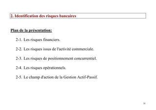 18
2. Identification des risques bancaires
Plan de la présentation:
2-1. Les risques financiers.
2-2. Les risques issus de l'activité commerciale.
2-3. Les risques de positionnement concurrentiel.
2-4. Les risques opérationnels.
2-5. Le champ d'action de la Gestion Actif-Passif.
 