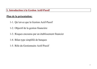 2
1. Introduction à la Gestion Actif-Passif
Plan de la présentation:
1-1. Qu’est-ce que la Gestion Actif-Passif
1-2. Objectif de la gestion financière
1-3. Risques encourus par un établissement financier
1-4. Bilan type simplifié de banques
1-5. Rôle du Gestionnaire Actif-Passif
 