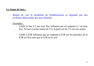 20
Le risque de taux :
- Risque de voir la rentabilité de l'établissement se dégrader par une
évolution défavorable des taux d'intérêt.
- Exemples :
- Crédit in fine à 2 ans taux fixe refinancé par un emprunt à 1 an taux
fixe. Si taux à terme monte de 1%, la perte est de 1% sur une année.
- Crédit à E3R refinancé par un emprunt à E1R sur les périodes où le
E3R est fixé sans que le E1R ne le soit.
 