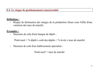 26
2-3. Le risque de positionnement concurrentiel
Définition :
- Risque de diminution des marges de la production future sous l'effet d'une
variation des taux de marché.
Exemples :
- Structure de coût d'une banque de dépôt :
Point mort = % dépôt x coût des dépôts + % levée x taux de marché
- Structure de coût d'un établissement spécialisé :
Point mort' = taux de marché
 