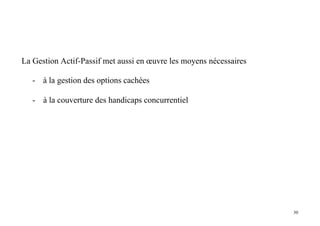 30
La Gestion Actif-Passif met aussi en œuvre les moyens nécessaires
- à la gestion des options cachées
- à la couverture des handicaps concurrentiel
 