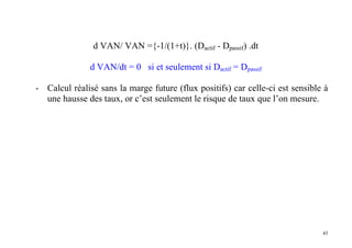 43
d VAN/ VAN ={-1/(1+t)}. (Dactif - Dpassif) .dt
d VAN/dt = 0 si et seulement si Dactif = Dpassif
- Calcul réalisé sans la marge future (flux positifs) car celle-ci est sensible à
une hausse des taux, or c’est seulement le risque de taux que l’on mesure.
 