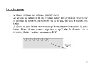 59
Le rechargement
- Le cédant recharge des créances régulièrement
- Les critères de sélection de ces créances auront été à l’origine validées par
les agences de notation, du point de vue du risque, des taux d’intérêts, des
durées
- Le cédant ne peut titriser ses créances qu’à concurrence du montant de parts
émises. Donc, si son encours augmente et qu’il doit le financer via la
titrisation, il doit constituer un nouveau FCC.
 