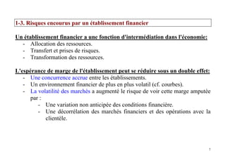 7
1-3. Risques encourus par un établissement financier
Un établissement financier a une fonction d'intermédiation dans l'économie:
- Allocation des ressources.
- Transfert et prises de risques.
- Transformation des ressources.
L'espérance de marge de l'établissement peut se réduire sous un double effet:
- Une concurrence accrue entre les établissements.
- Un environnement financier de plus en plus volatil (cf. courbes).
- La volatilité des marchés a augmenté le risque de voir cette marge amputée
par :
- Une variation non anticipée des conditions financière.
- Une décorrélation des marchés financiers et des opérations avec la
clientèle.
 
