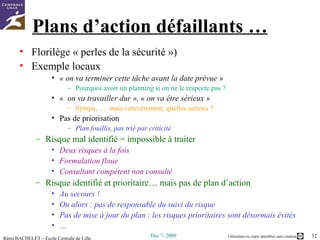 Plans d’action défaillants … Florilège  « perles de la sécurité ») Exemple locaux « on va terminer cette tâche avant la date prévue »  Pourquoi avoir un planning si on ne le respecte pas ? «  on va travailler dur », « on va être sérieux » Sympa, …. mais concrètement, quelles actions ? Pas de priorisation  Plan fouillis, pas trié par criticité Risque mal identifié = impossible à traiter Deux risques à la fois Formulation floue Consultant compétent non consulté Risque identifié et prioritaire… mais pas de plan d’action Au secours ! Ou alors : pas de responsable du suivi du risque Pas de mise à jour du plan : les risques prioritaires sont désormais évités … 