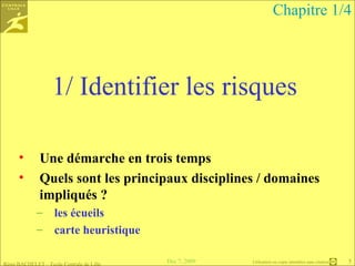 1/ Identifier les risques Une démarche en trois temps Quels sont les principaux disciplines / domaines impliqués ? les écueils carte heuristique Chapitre 1/4 