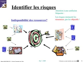 Identifier les risques Indisponibilité des ressources? Attention à une confusion fréquente : Les risques menacent les  ressources , pas les  objectifs  ! 