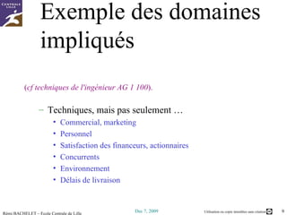 ( cf techniques de l'ingénieur AG 1 100 ). Techniques, mais pas seulement … Commercial, marketing Personnel Satisfaction des financeurs, actionnaires Concurrents Environnement Délais de livraison Exemple des domaines impliqués 