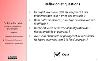 22
 Une démarche en trois temps
 Menaces sur les Ressources
 4 Techniques d’identification
Chapitre 1
Dr. Rémi Bachelet
Maître de conférences
à Centrale Lille
Réflexion et questions
> En projet, avez-vous déjà été confronté à des
problèmes que vous n’aviez pas anticipés ?
> Dans notre classement, quel type de ressource ont-
ils affecté ?
> Quelle est votre démarche d’identification des
risques préférée et pourquoi ?
> Avez-vous l’habitude de partager et de mémoriser
les leçons que vous tirez à la fin d’un projet ?
Quiz
 