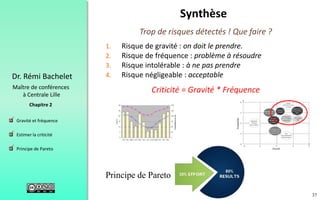 37
 Gravité et fréquence
 Estimer la criticité
 Principe de Pareto
Chapitre 2
Dr. Rémi Bachelet
Maître de conférences
à Centrale Lille
Synthèse
Trop de risques détectés ! Que faire ?
1. Risque de gravité : on doit le prendre.
2. Risque de fréquence : problème à résoudre
3. Risque intolérable : à ne pas prendre
4. Risque négligeable : acceptable
Criticité = Gravité * Fréquence
Principe de Pareto
.
.
.
 