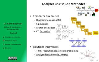 43
 Stratégies de prévention
 Analyser un risque
 Modèle, Contre-exemples
 Détection
Chapitre 3
Dr. Rémi Bachelet
Maître de conférences
à Centrale Lille
• Remonter aux causes
– Diagramme cause-effet
– 5 pourquoi
– Arbres des causes
– Cf. formation
• Solutions innovantes
– TRIZ : résolution créative de problèmes
– Analyse fonctionnelle, AMDEC
Analyser un risque : Méthodes
.
 