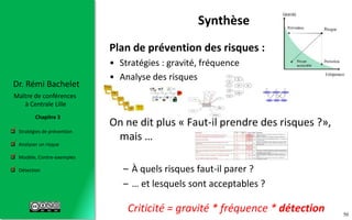50
 Stratégies de prévention
 Analyser un risque
 Modèle, Contre-exemples
 Détection
Chapitre 3
Dr. Rémi Bachelet
Maître de conférences
à Centrale Lille
Plan de prévention des risques :
• Stratégies : gravité, fréquence
• Analyse des risques
On ne dit plus « Faut-il prendre des risques ?»,
mais …
– À quels risques faut-il parer ?
– … et lesquels sont acceptables ?
Criticité = gravité * fréquence * détection
Synthèse
.
.
.
.
 