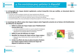 4. Nos convictions pour optimiser le dispositif
                                   Il est nécessaire de focaliser les efforts autour des risques majeurs


 La cartographie des risques devient rapidement, surtout lorsqu’elle n’est pas outillée, un document dont la
  lecture est difficile
           Il n’est pas rare de voir quelques centaines de risques opérationnels référencés
           L’analyse des causes principales et des conséquences communes n’est pas toujours facile
           La priorisation des DMR* ne se fait que risque par risque et n’est donc pas optimale
           Le caractère fastidieux des revues périodiques du dispositif peut générer un certain effet de « fatigue »

 Le recentrage des efforts autour des risques majeurs selon l’approche suivante est un facteur clé d’amélioration
  de l’efficience du dispositif :
         1. Définir la notion de risque majeur pour l’établissement
             comme étant soit :
                         Un risque susceptible de remettre en cause les objectifs Stratégiques
                         Un risque pouvant entrainer des pertes financières importantes
                          (dépassant le seuil tolérable défini par l’entreprise)
               2. Définir la zone de tolérance au risque
               3. Identifier les niveaux de risque net par risque majeur :
                         Niveau de risque résiduel après mise en place des DMR* et des
                          contrôles
               4. Limiter les efforts de mise en place de plans d’actions
                  aux risques majeurs dont le niveau de risque net
                  dépasse la tolérance au risque
* Dispositif de maîtrise des risques




                                                                                12
 