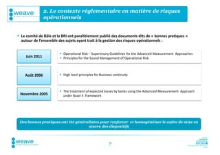 2. Le contexte réglementaire en matière de risques
                opérationnels


 Le comité de Bâle et la BRI ont parallèlement publié des documents dits de « bonnes pratiques »
  autour de l’ensemble des sujets ayant trait à la gestion des risques opérationnels :


                         Operational Risk – Supervisory Guidelines for the Advanced Measurement Approaches
    Juin 2011            Principles for the Sound Management of Operational Risk



    Août 2006            High level principles for Business continuity



                         The treatment of expected losses by banks using the Advanced Measurement Approach
 Novembre 2005            under Basel II framework




 Des bonnes pratiques ont été généralisées pour renforcer et homogénéiser le cadre de mise en
                                    œuvre des dispositifs



                                                         7
 