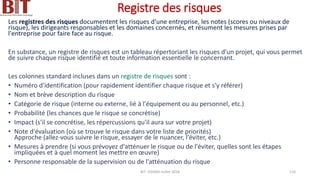 Registre des risques
Les registres des risques documentent les risques d'une entreprise, les notes (scores ou niveaux de
risque), les dirigeants responsables et les domaines concernés, et résument les mesures prises par
l'entreprise pour faire face au risque.
En substance, un registre de risques est un tableau répertoriant les risques d’un projet, qui vous permet
de suivre chaque risque identifié et toute information essentielle le concernant.
Les colonnes standard incluses dans un registre de risques sont :
• Numéro d'identification (pour rapidement identifier chaque risque et s'y référer)
• Nom et brève description du risque
• Catégorie de risque (interne ou externe, lié à l'équipement ou au personnel, etc.)
• Probabilité (les chances que le risque se concrétise)
• Impact (s'il se concrétise, les répercussions qu'il aura sur votre projet)
• Note d'évaluation (où se trouve le risque dans votre liste de priorités)
Approche (allez-vous suivre le risque, essayer de le nuancer, l'éviter, etc.)
• Mesures à prendre (si vous prévoyez d'atténuer le risque ou de l'éviter, quelles sont les étapes
impliquées et à quel moment les mettre en œuvre)
• Personne responsable de la supervision ou de l'atténuation du risque
BIT- AXIANS-Juillet 2024 116
 