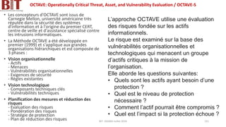 OCTAVE: Operationally Critical Threat, Asset, and Vulnerability Evaluation / OCTAVE-S
• Les concepteurs d'OCTAVE sont issus de
Carnegie Mellon, université américaine très
réputée dans la sécurité des systèmes
d'information et à l'origine du premier CERT,
centre de veille et d'assistance spécialisé contre
les intrusions informatiques.
• La Méthode OCTAVE a été développée en
premier (1999) et s'applique aux grandes
organisations hiérarchiques et est composée de
3 phases :
• Vision organisationnelle
- Actifs
- Menaces
- Vulnérabilités organisationnelles
- Exigences de sécurité
- Règles existantes
• Vision technologique
- Composants techniques clés
- Vulnérabilités techniques
• Planification des mesures et réduction des
risques
- Evaluation des risques
- Pondération des risques
- Stratégie de protection
- Plan de réduction des risques
L’approche OCTAVE utilise une évaluation
des risques fondée sur les actifs
informationnels.
Le risque est examiné sur la base des
vulnérabilités organisationnelles et
technologiques qui menacent un groupe
d’actifs critiques à la mission de
l’organisation.
Elle aborde les questions suivantes:
• Quels sont les actifs ayant besoin d’une
protection ?
• Quel est le niveau de protection
nécessaire ?
• Comment l’actif pourrait être compromis ?
• Quel est l’impact si la protection échoue ?
BIT- AXIANS-Juillet 2024 131
 