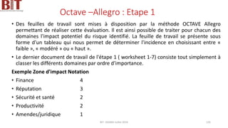 Octave –Allegro : Etape 1
• Des feuilles de travail sont mises à disposition par la méthode OCTAVE Allegro
permettant de réaliser cette évaluation. Il est ainsi possible de traiter pour chacun des
domaines l'impact potentiel du risque identifié. La feuille de travail se présente sous
forme d'un tableau qui nous permet de déterminer l'incidence en choisissant entre «
faible », « modéré » ou « haut ».
• Le dernier document de travail de l'étape 1 ( worksheet 1-7) consiste tout simplement à
classer les différents domaines par ordre d'importance.
Exemple Zone d'impact Notation
• Finance 4
• Réputation 3
• Sécurité et santé 2
• Productivité 2
• Amendes/juridique 1
BIT- AXIANS-Juillet 2024 135
 